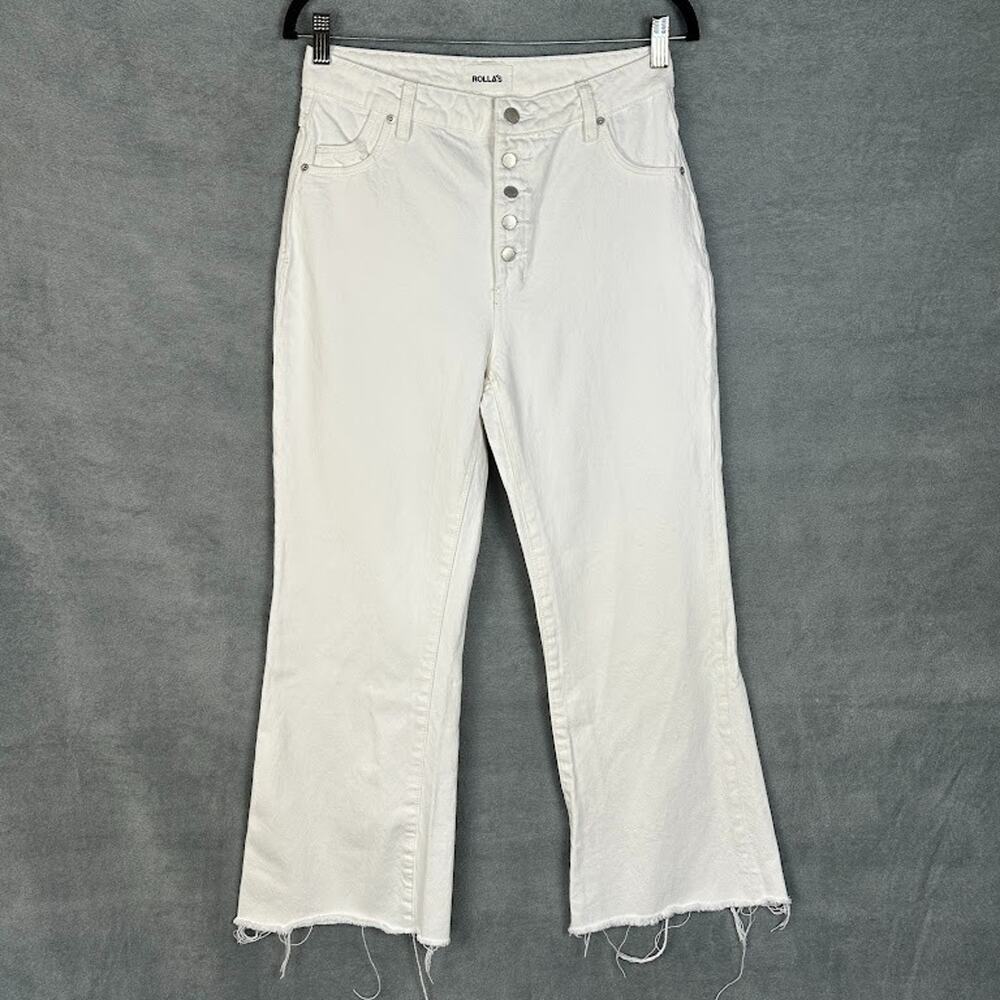 Rollas Jeans Womens 28 White Eastcoast Crop Flare High Rise Button Fly Raw Hem